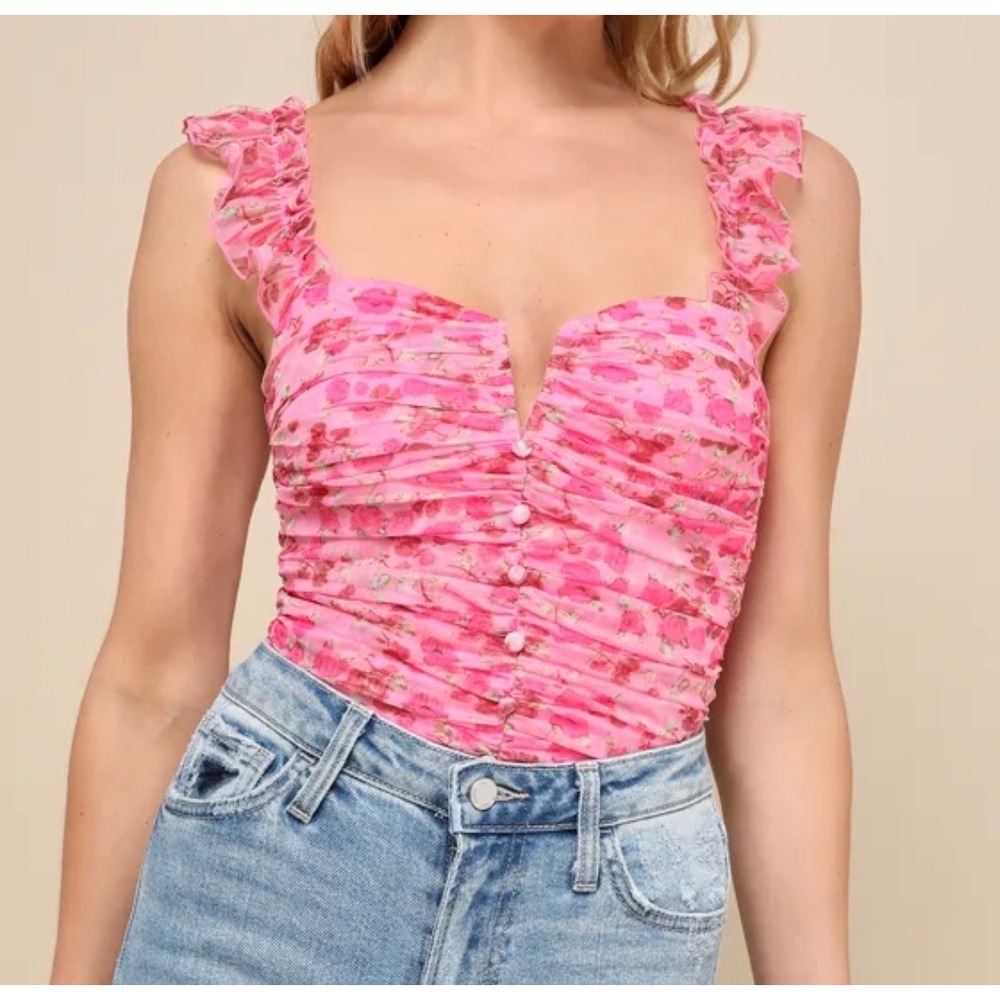 Lulus Flirtatious Sweetness Hot Pink Floral Ruched Ruffled Tank Top Small NEW